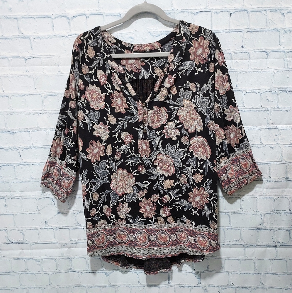 Lucky Brand Top Women 1X Plus Black Western Cottagecore Cowgirl Boho